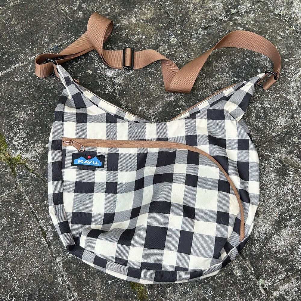 KAVU Sydney Satchel Crossbody Bag Black White Buffalo Check Plaid Purse 14x12